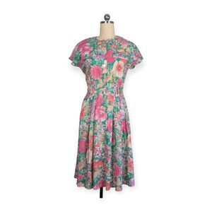 Vintage Midi Dress Fit Flare Floral 80s 90s Housewife Retro Pink Green Button 10